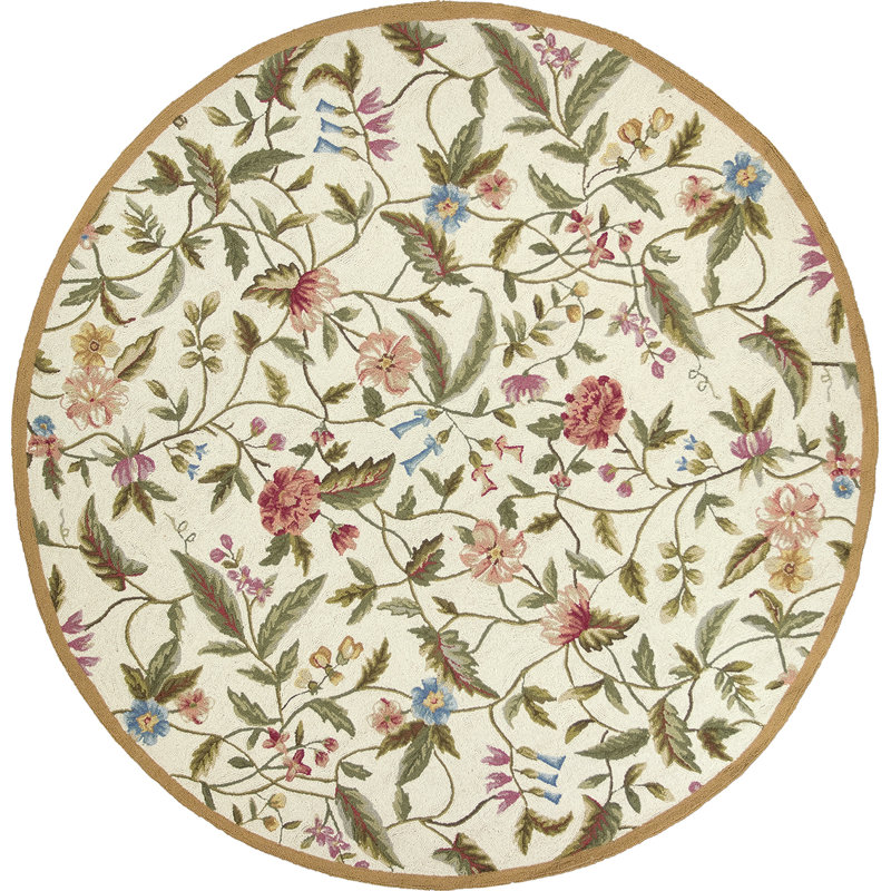 August Grove Labrosse Floral HandHooked Wool Ivory/Coral/Green Area